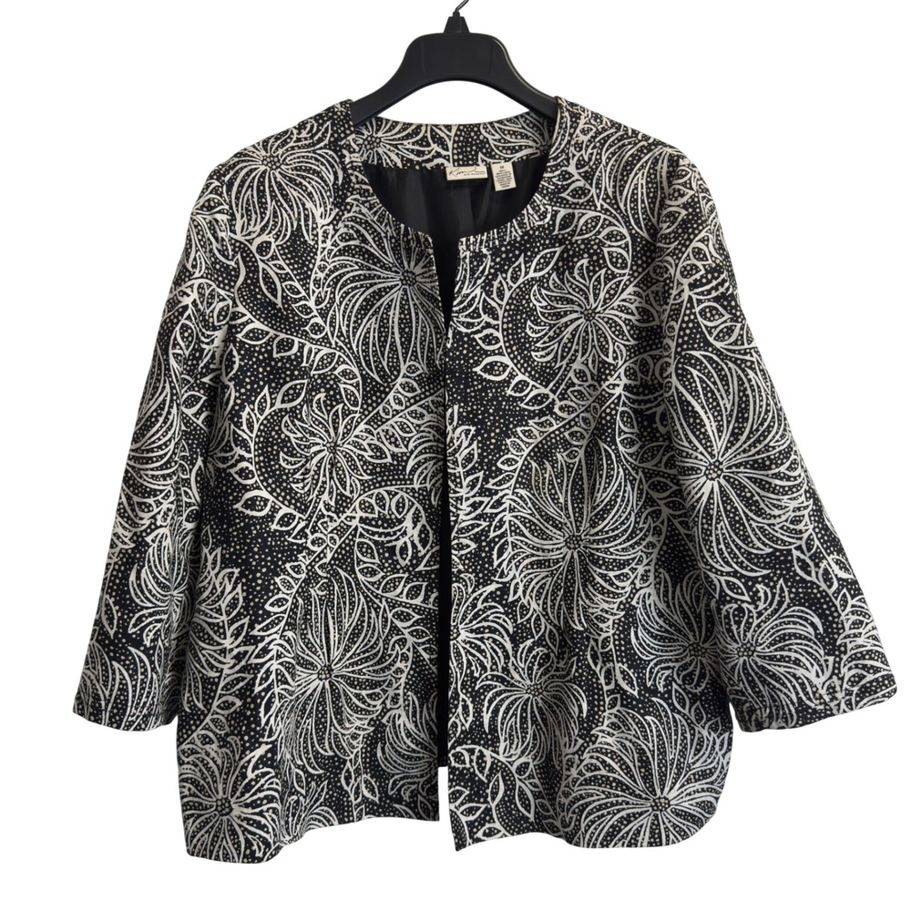 Kim Rogers Woman Black White Floral Linen Jacket Plus Size 1X Hook Eye Closure